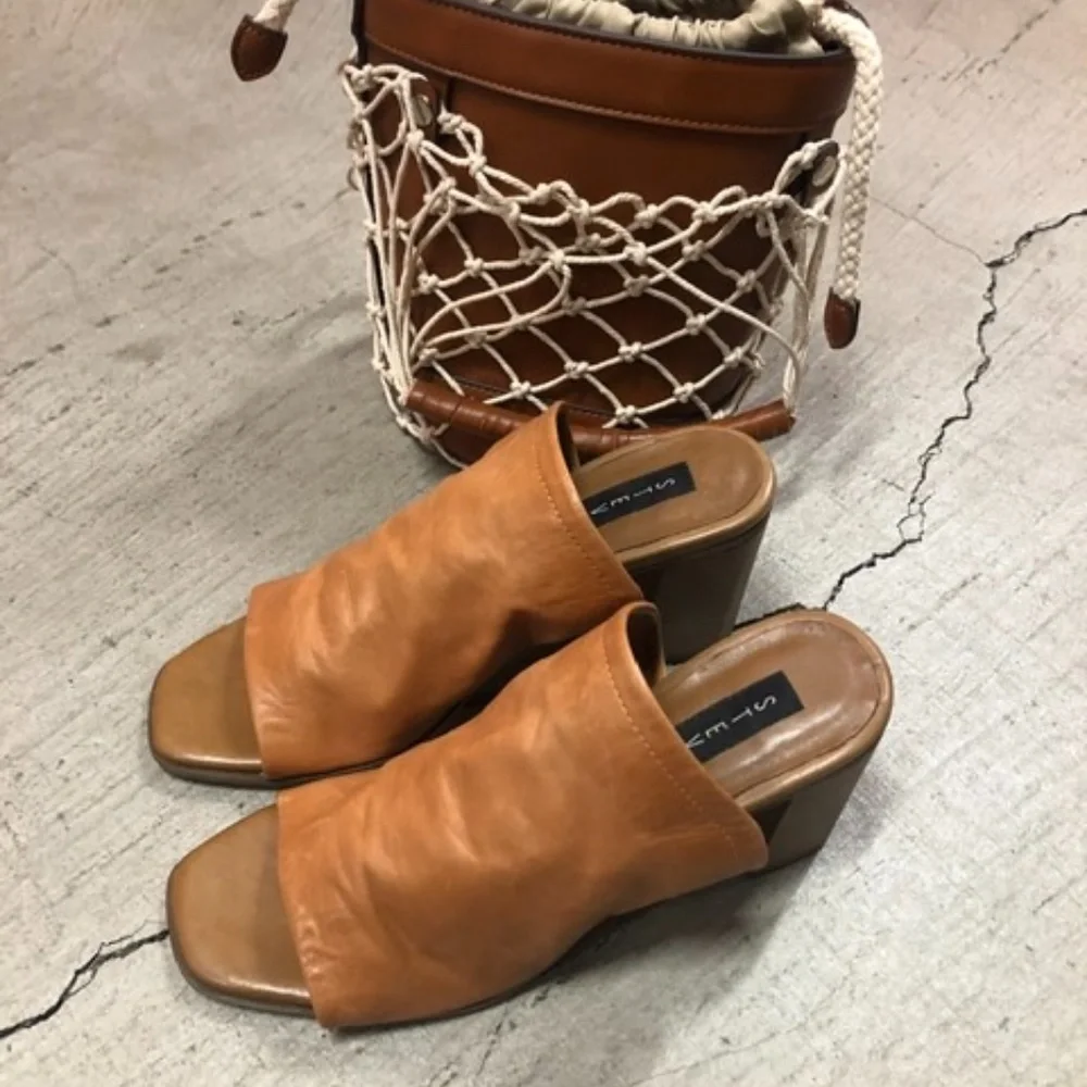 NEW LEATHER Block Mid Heel Shoes, 39